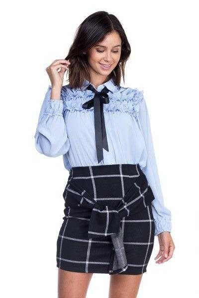 Off Blue Ruffle Bow Tie Blouse - steven wick