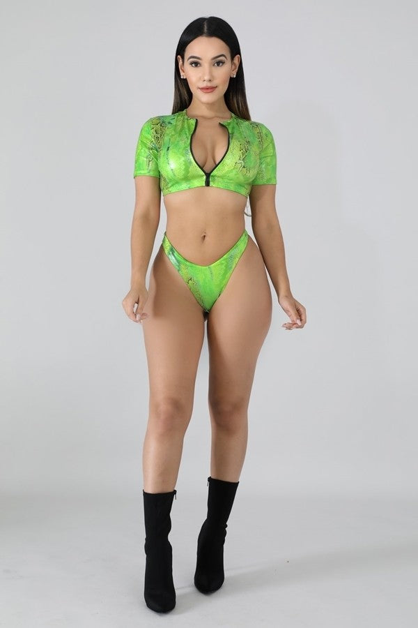 Two Piece Neon Metallic Snake Print High Waist Bikini - steven wick