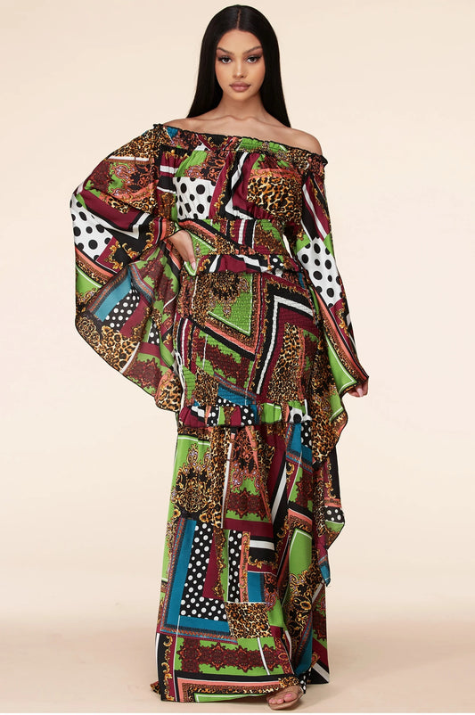 Mix Pattern Multi-Color Maxi Dress With Kimono Sleeves - steven wick