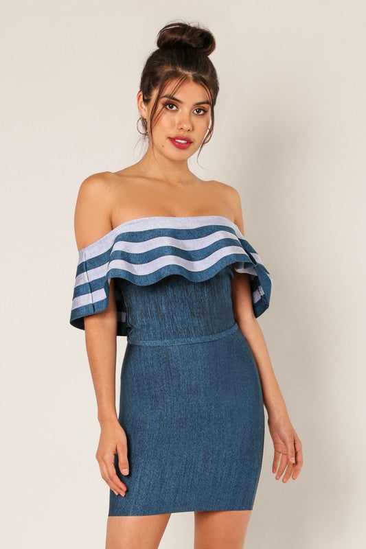 Dark Silver Denim Off Shoulder Crop Bandage Top Small / DR-Denim Dark Silver Denim Off Shoulder Crop Bandage Top Small / DR-Denim