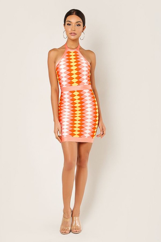 Zegler Halter Neckline Orange Multi-Color Mini Dress - steven wick