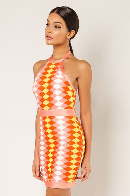 Zegler Halter Neckline Orange Multi-Color Mini Dress - steven wick