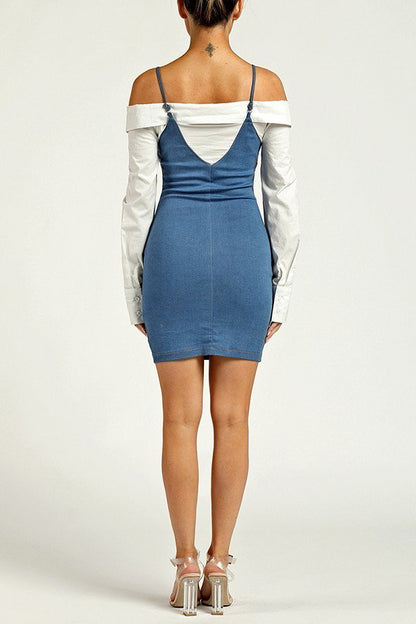 Women's Cold Shoulder Denim Mini Dress With White Long Sleeves - steven wick