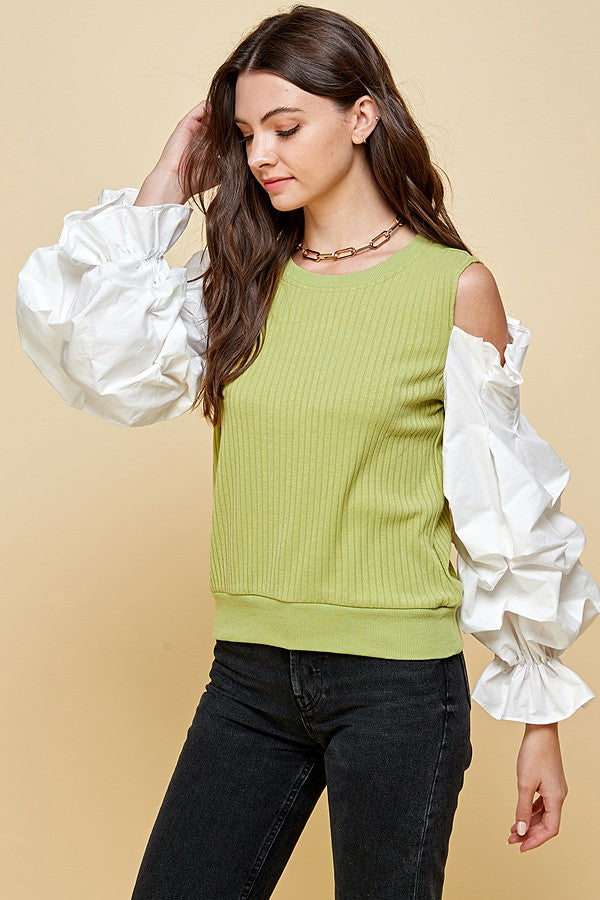 Ariana Green Knit Cold Shoulder Woven Puff Sleeve Top - steven wick