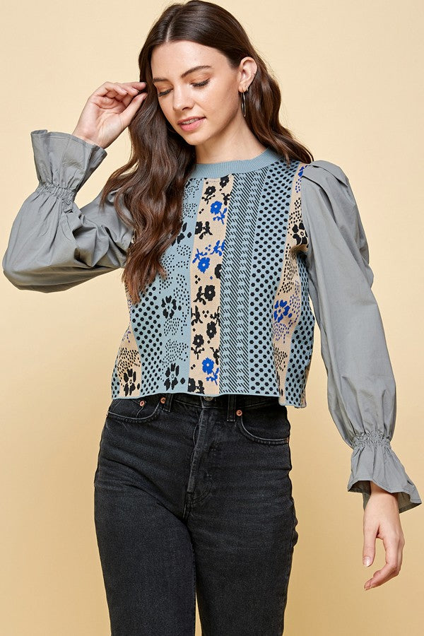 Patchwork Detailed Floral Woven Puff Sleeve Top - steven wick