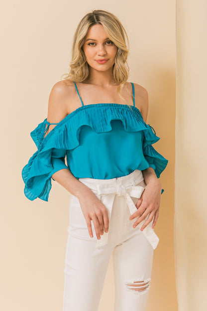 Lopez Turquoise Cold Shoulder Ruffled Pleat Top - steven wick