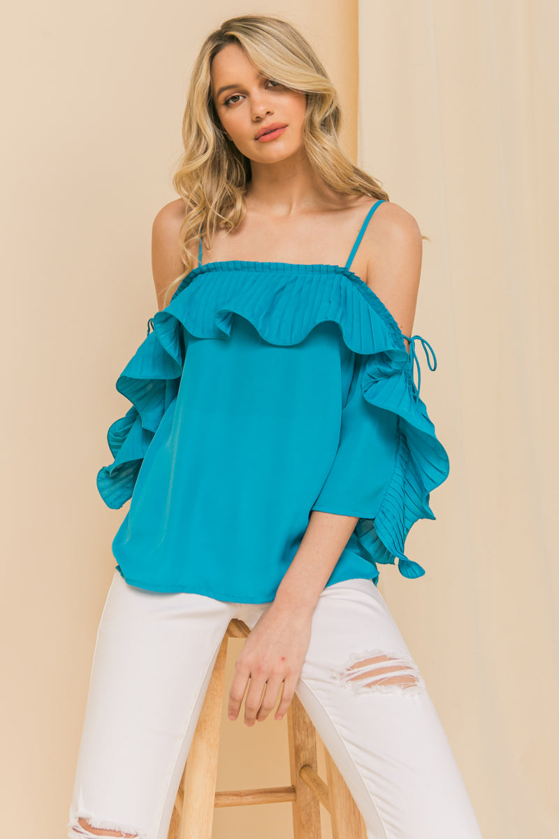 Lopez Turquoise Cold Shoulder Ruffled Pleat Top - steven wick
