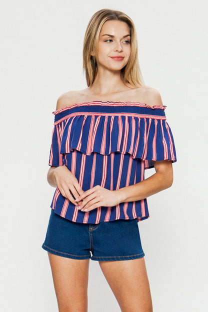 Multi-Color Off Shoulder Striped Top With Short Flutter Sleeves - steven wick