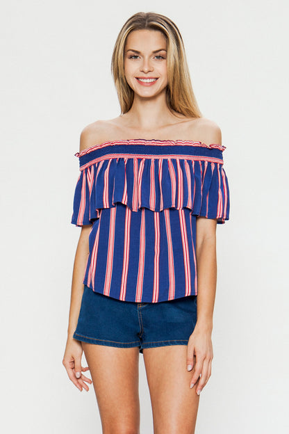 Multi-Color Off Shoulder Striped Top With Short Flutter Sleeves - steven wick