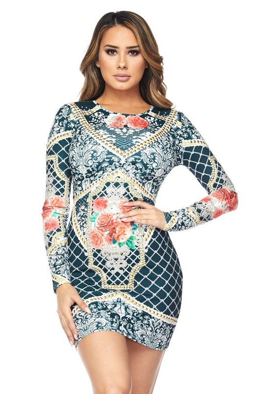 Demi Floral Print Long Sleeve Bodycon Dress - steven wick