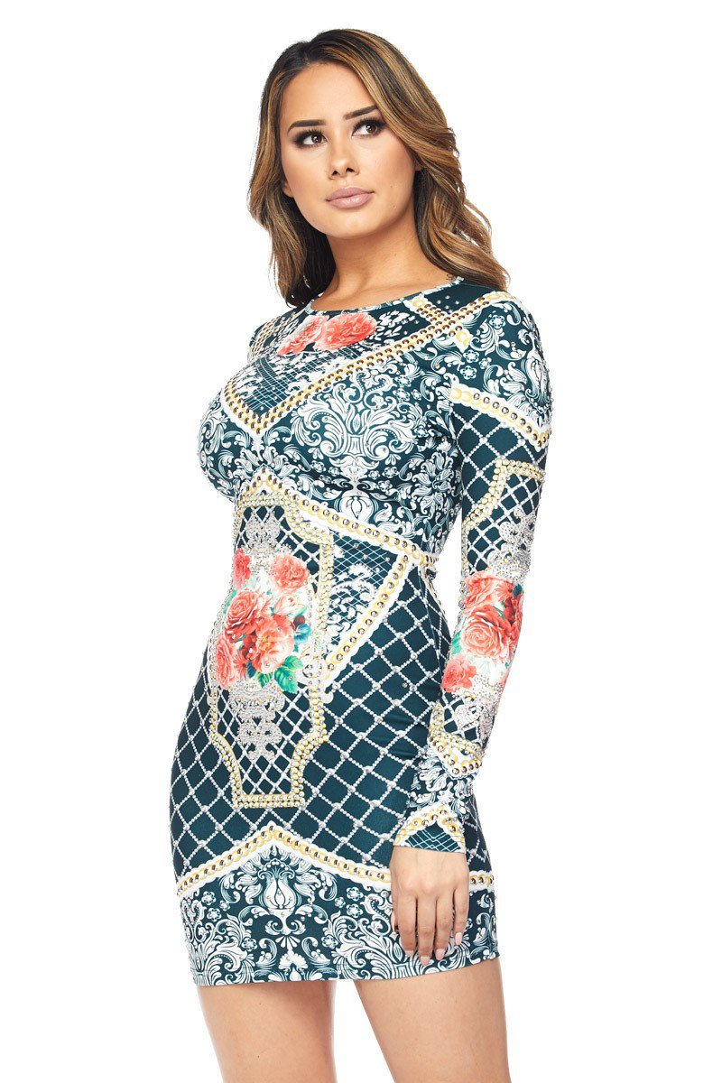 Demi Floral Print Long Sleeve Bodycon Dress - steven wick