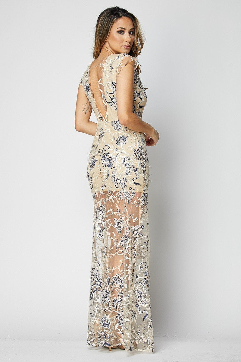 Monique Embroidered Teal Lace Sleeveless Gown - steven wick