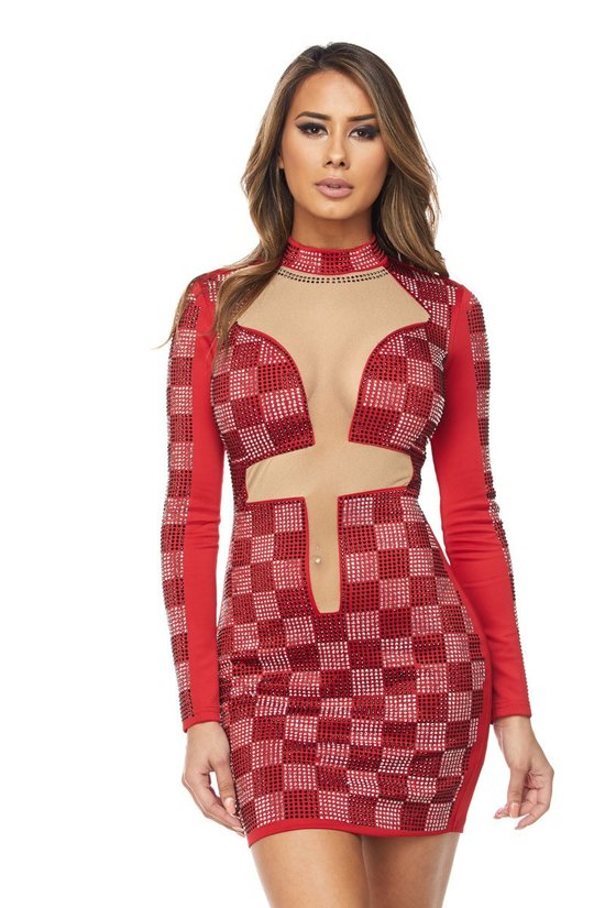 Lori Red Checkered Rhinestone Mesh Dress - steven wick