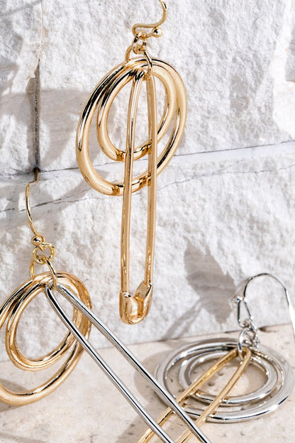 Layered Rings And Safety Pin Motif Dangle Earrings - steven wick