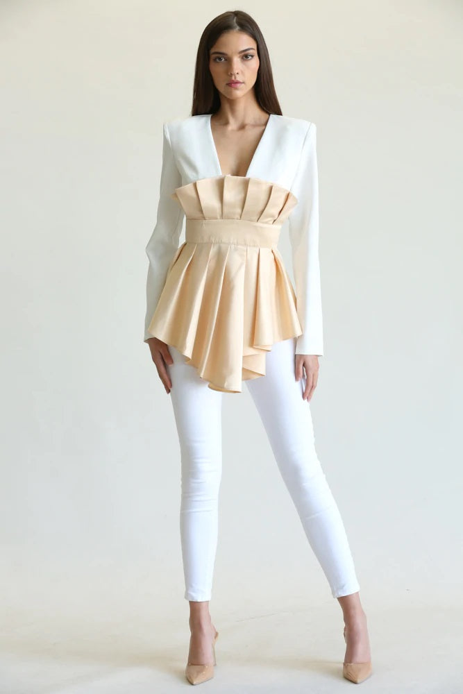 White Champagne Long Sleeve Pleated Satin Front Overley Top - steven wick