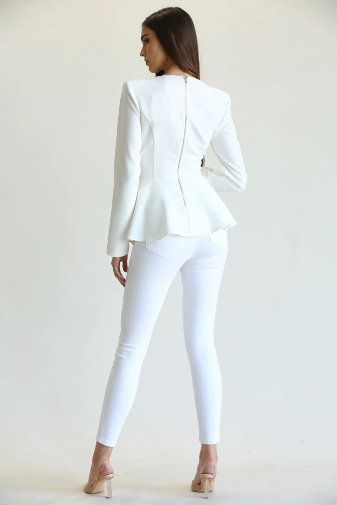 White Champagne Long Sleeve Pleated Satin Front Overley Top - steven wick