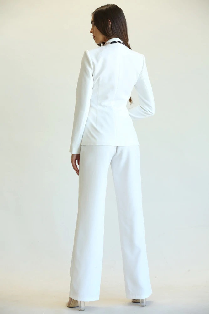 Two Piece Tailored Animal Print Contrast Pant Suit - White - steven wick