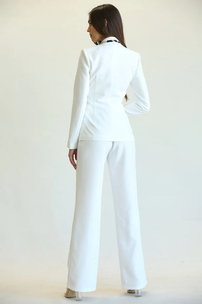 Two Piece Tailored Animal Print Contrast Pant Suit - White - steven wick