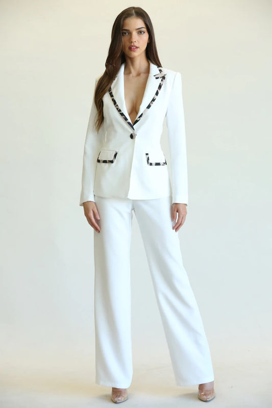 Two Piece Tailored Animal Print Contrast Pant Suit - White - steven wick
