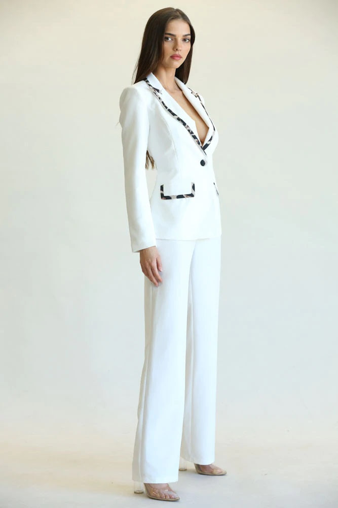 Two Piece Tailored Animal Print Contrast Pant Suit - White - steven wick