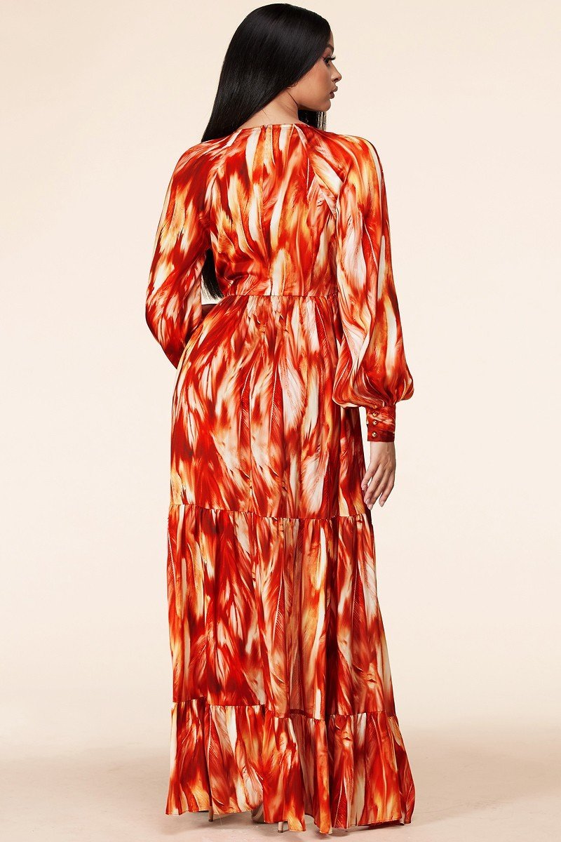 Fire Print Long Sleeve Maxi Dress - steven wick