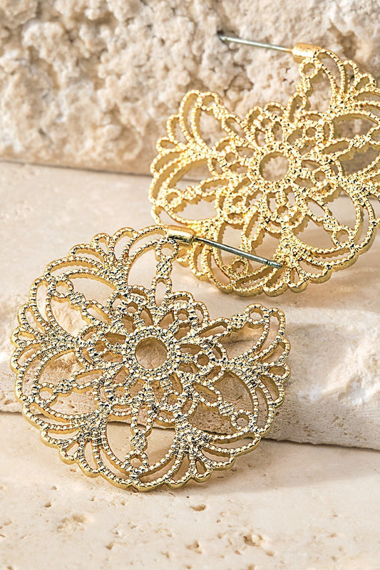Gold Filigree Flower Hoop Earrings - steven wick