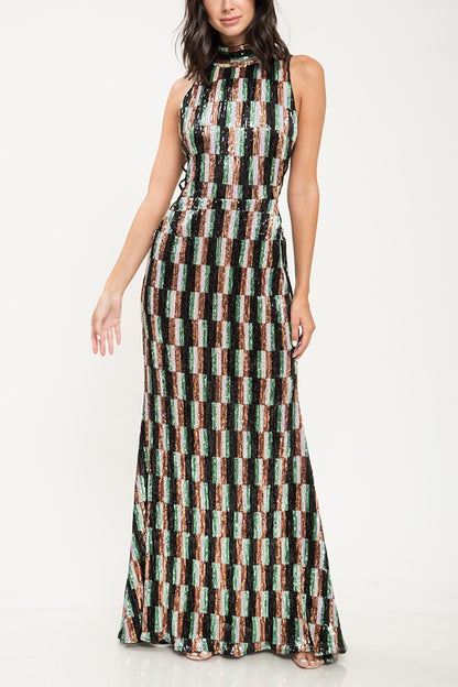 Multi Color Sequin Criss Cross Pattern Gown - steven wick