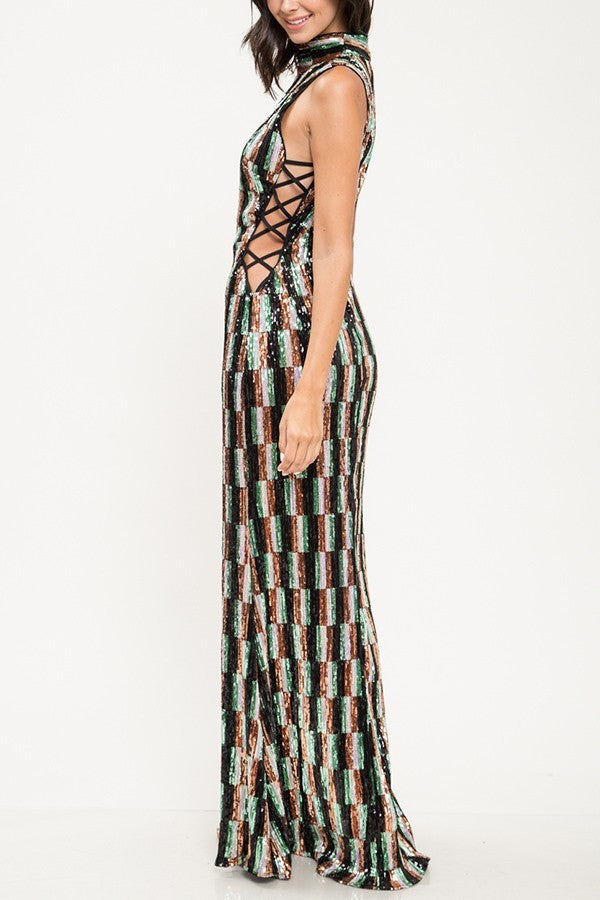 Multi Color Sequin Criss Cross Pattern Gown - steven wick