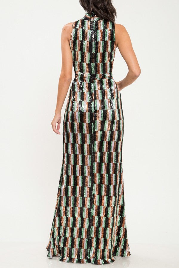 Multi Color Sequin Criss Cross Pattern Gown - steven wick