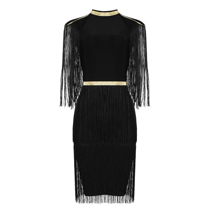 Roxy Black And Gold Bandage Dress With Tassels - steven wick