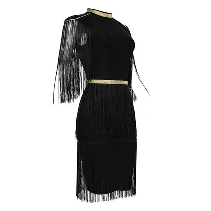 Roxy Black And Gold Bandage Dress With Tassels - steven wick