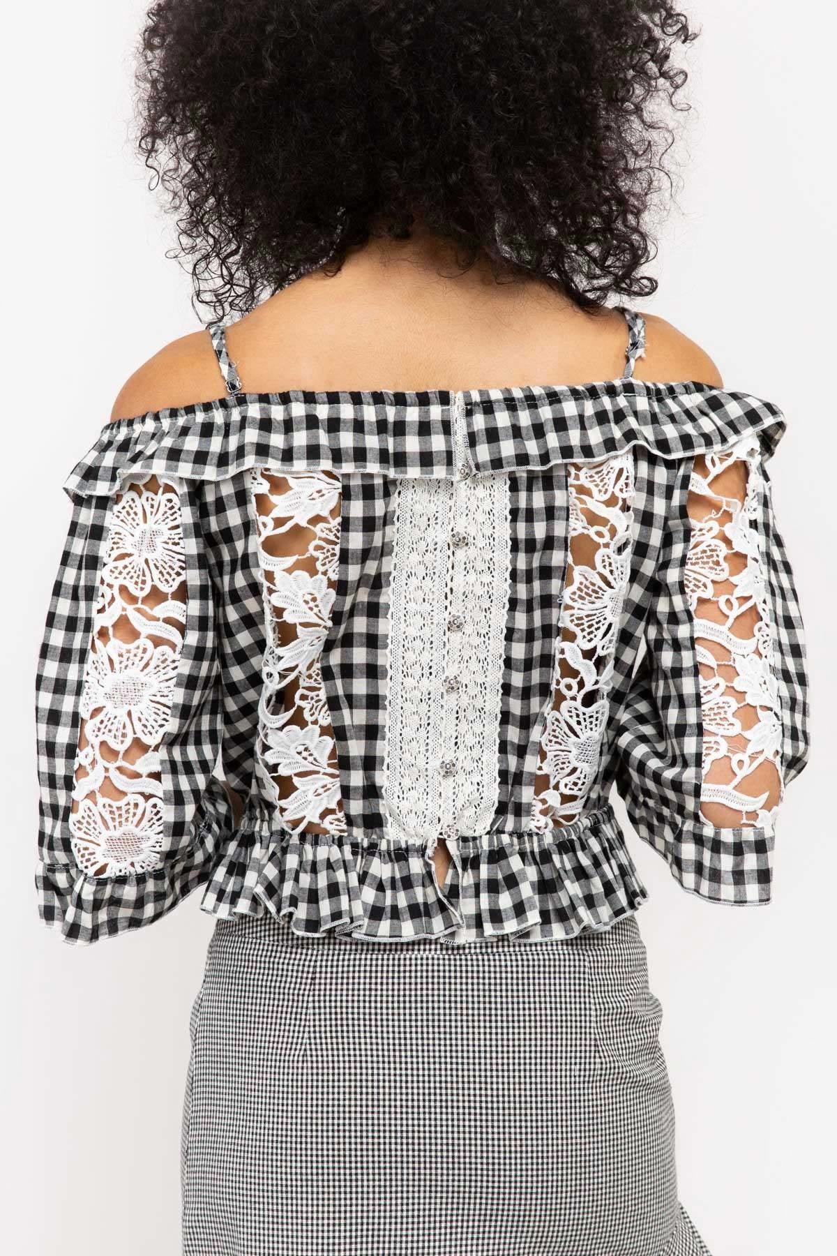 Gingham Crop Top With Crochet Lace Insets - steven wick