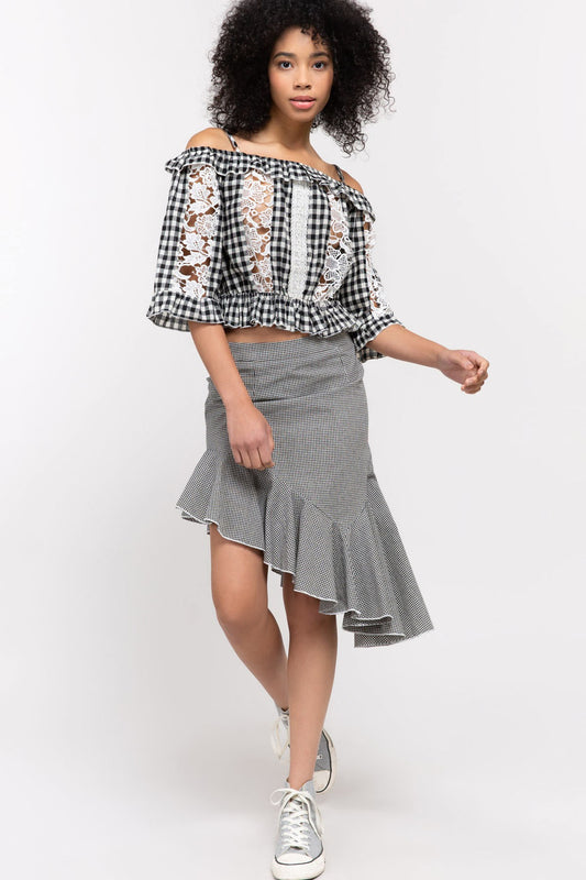 Gingham Crop Top With Crochet Lace Insets - steven wick