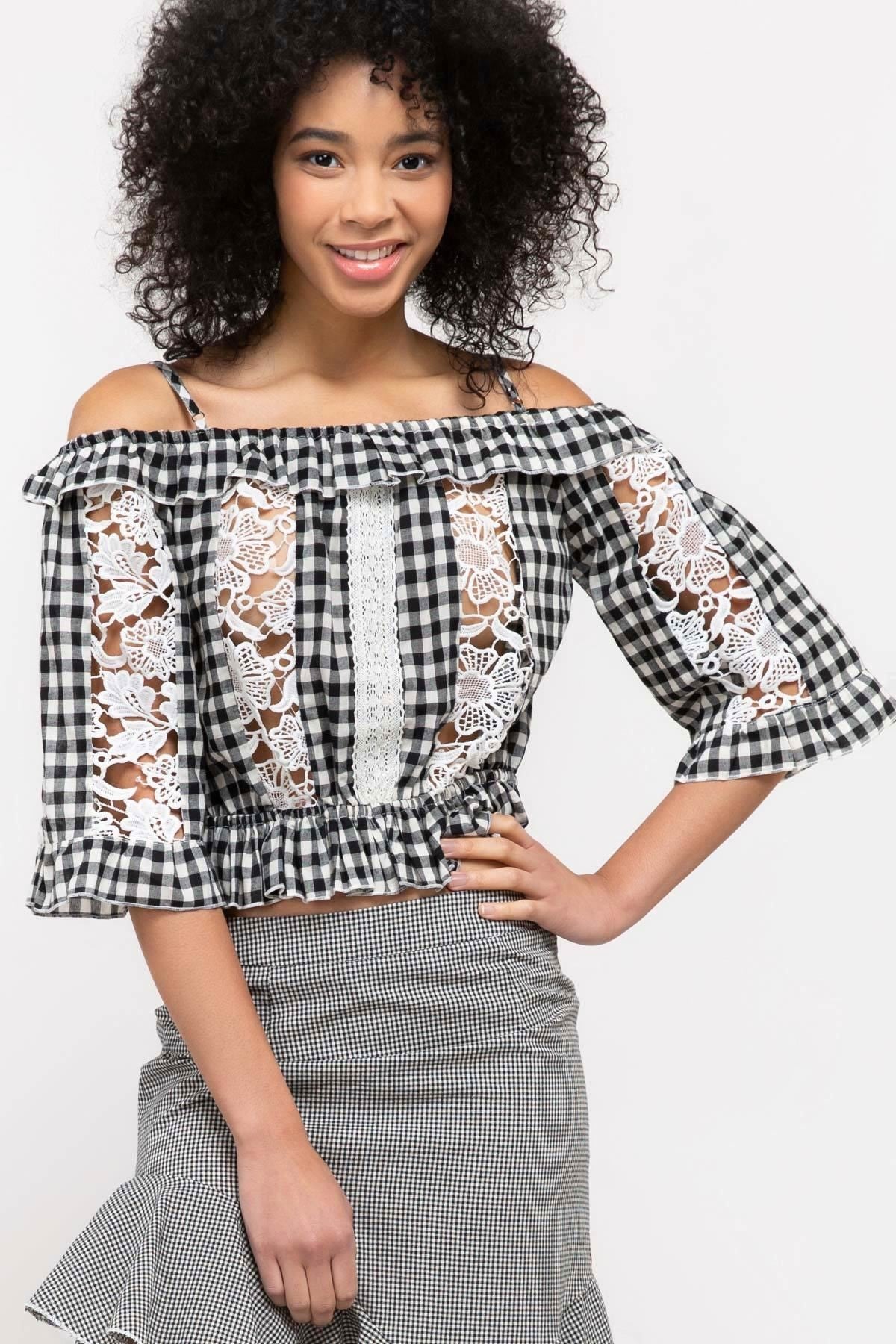 Gingham Crop Top With Crochet Lace Insets - steven wick