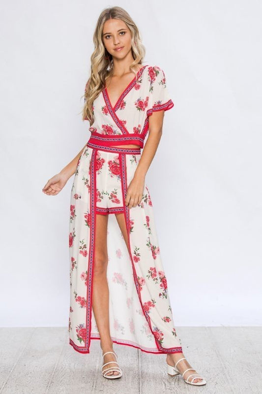 Ivory Floral Print High Low Skirt With Shorts - steven wick