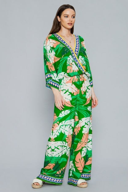 Green Leaf Print Surplice Kimono Top - steven wick