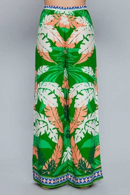 Green Leaf Print Surplice Kimono Wide Pant - steven wick