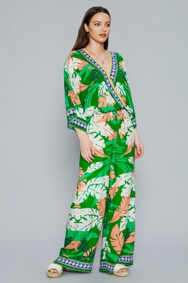Green Leaf Print Surplice Kimono Wide Pant - steven wick