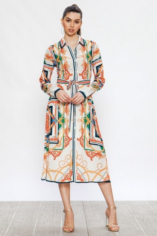 Madrid Off-White Midi Shirt Dress With Baroque Print - steven wick