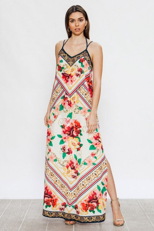 Ladies V-Neck Ivory Print Maxi Dress - steven wick