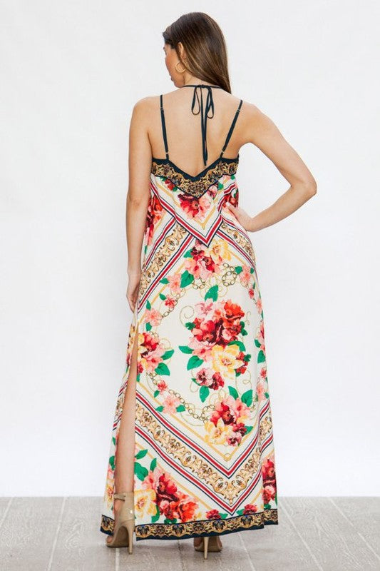 Ladies V-Neck Ivory Print Maxi Dress - steven wick