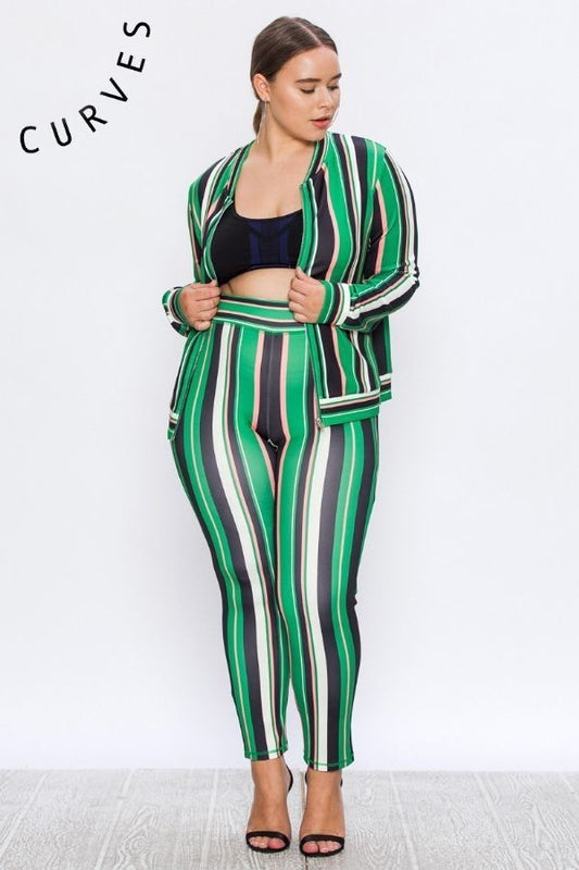 Plus Size Vertical Stripe Mix Print Tracksuit Set - steven wick