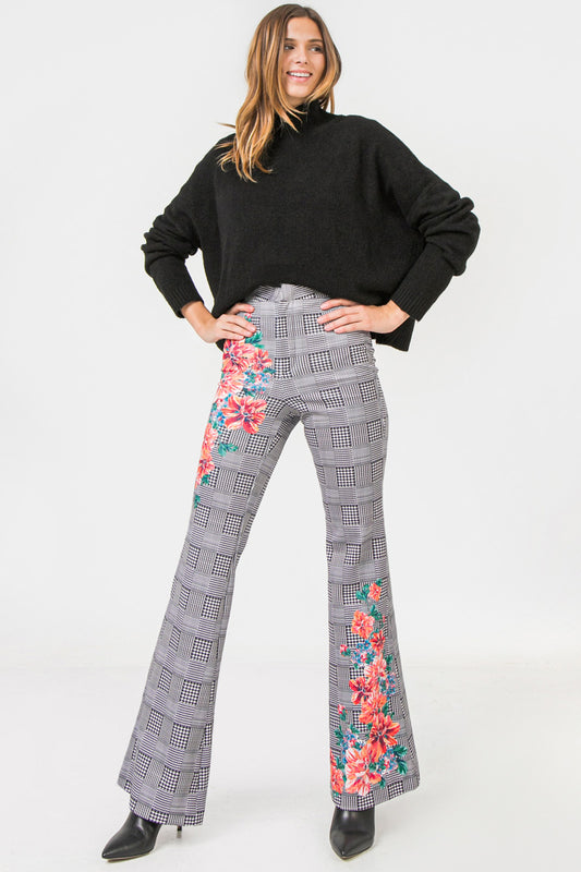 Ivory Flared Scuba Pants With Houndstooth and Floral Print - steven wick