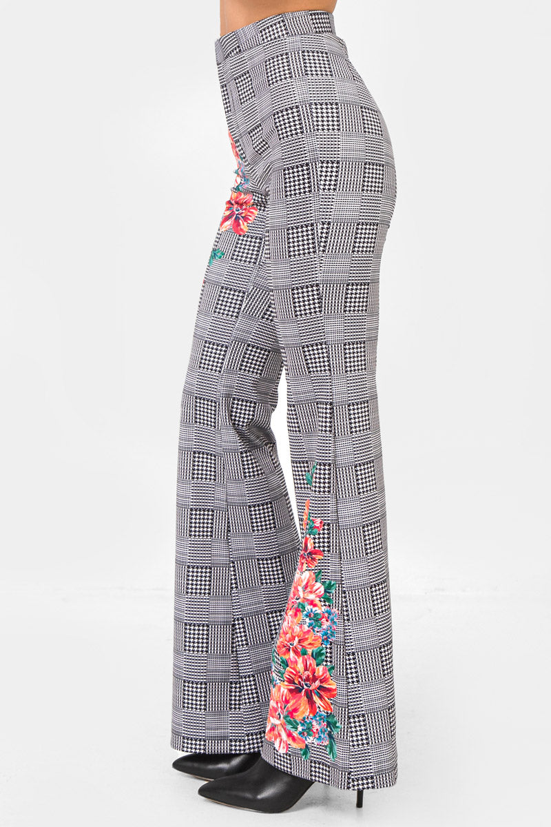 Ivory Flared Scuba Pants With Houndstooth and Floral Print - steven wick