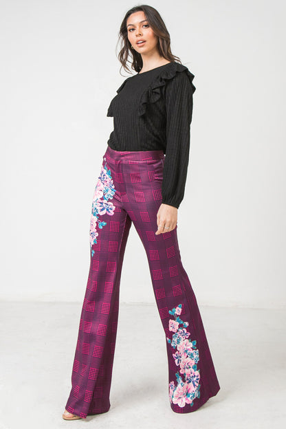 Magenta Flared Scuba Pants With Houndstooth and Floral Print - steven wick