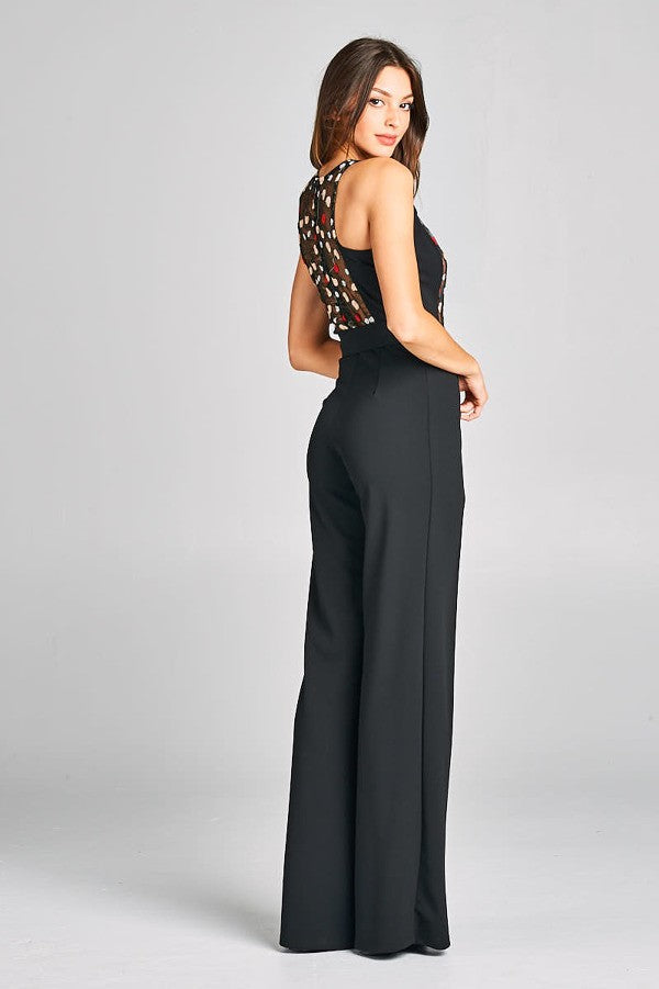 Embroidered Lace Top Jumpsuit With Belt Detail - steven wick