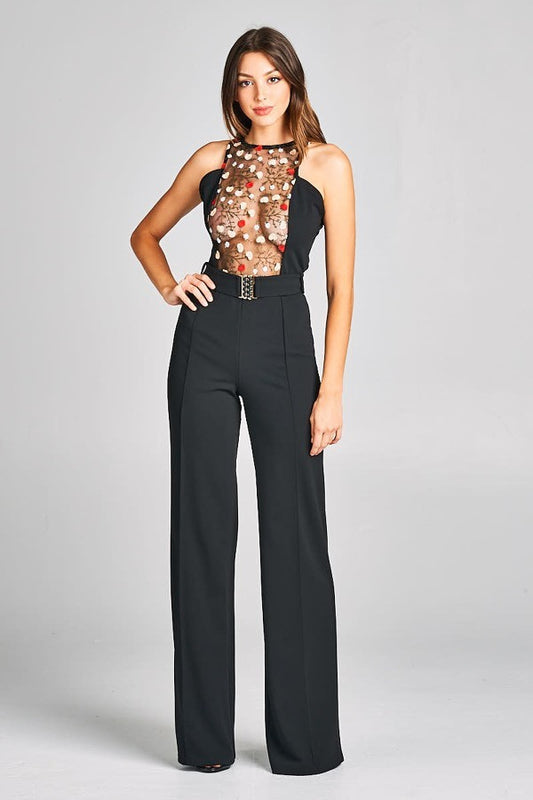 Embroidered Lace Top Jumpsuit With Belt Detail - steven wick