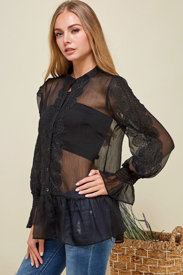 Sheer Chiffon Casual Blouse Button Down Top - steven wick