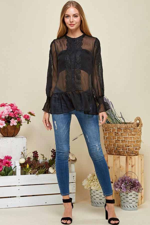 Sheer Chiffon Casual Blouse Button Down Top - steven wick