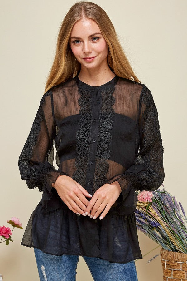 Sheer Chiffon Casual Blouse Button Down Top - steven wick